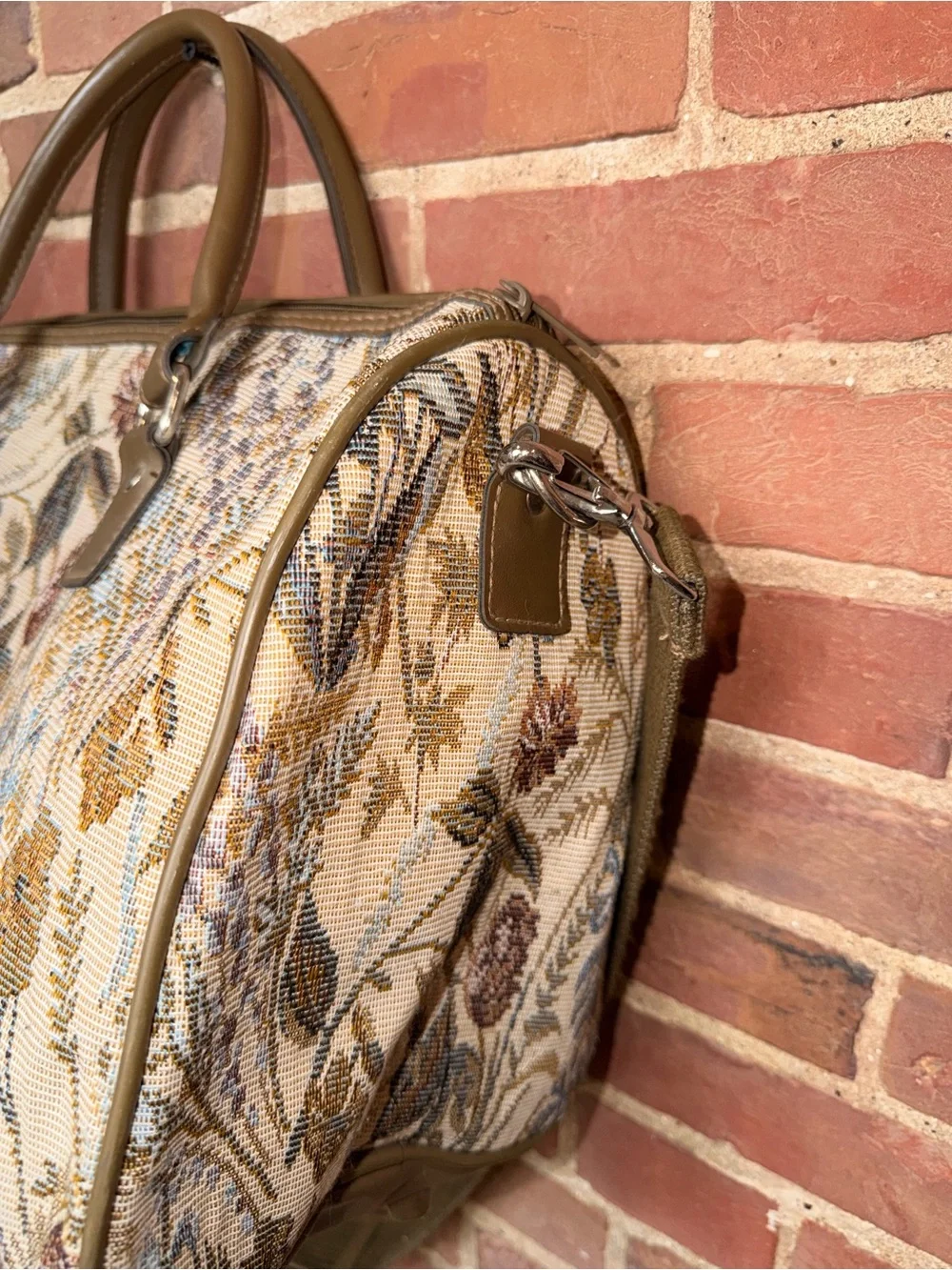 Jordache Floral Tapestry Satchel Handle Bag Shoulder Strap Olive Brown Trim